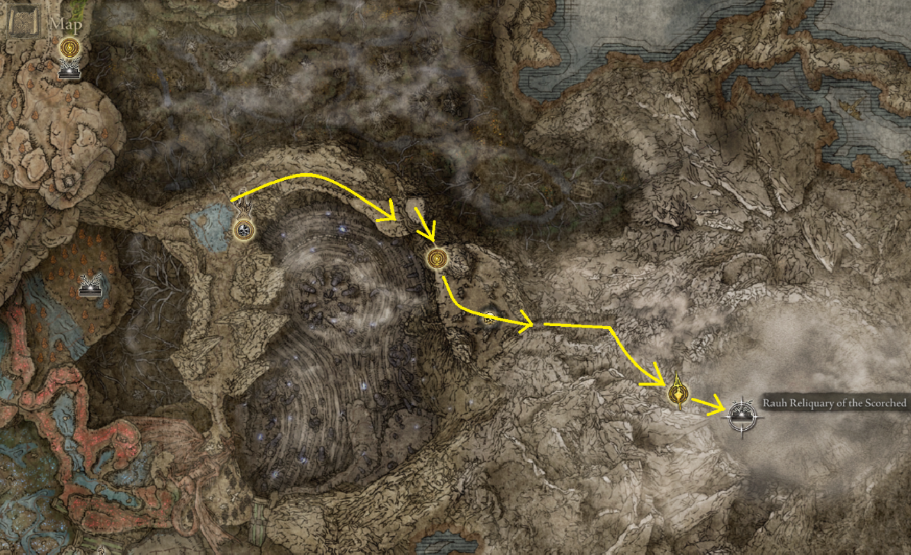 Map showing how to reach Rauh Reliquary of the Scorched