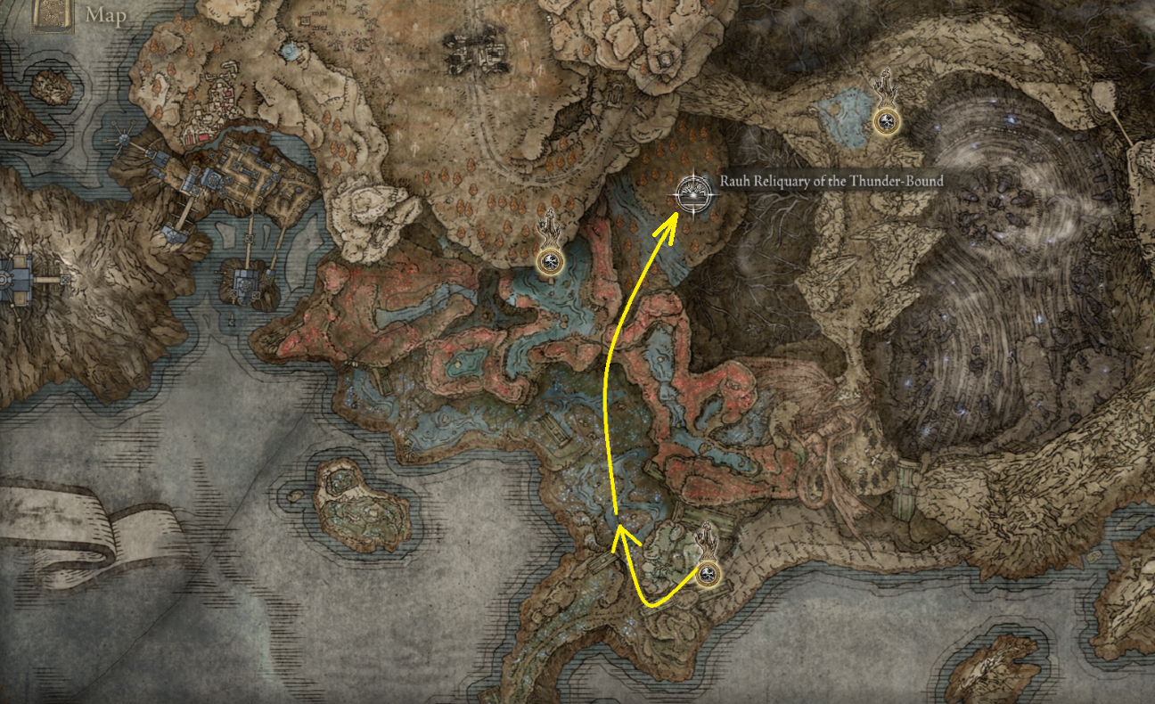 Map showing how to reach Rauh Reliquary of the Thunder-Bound