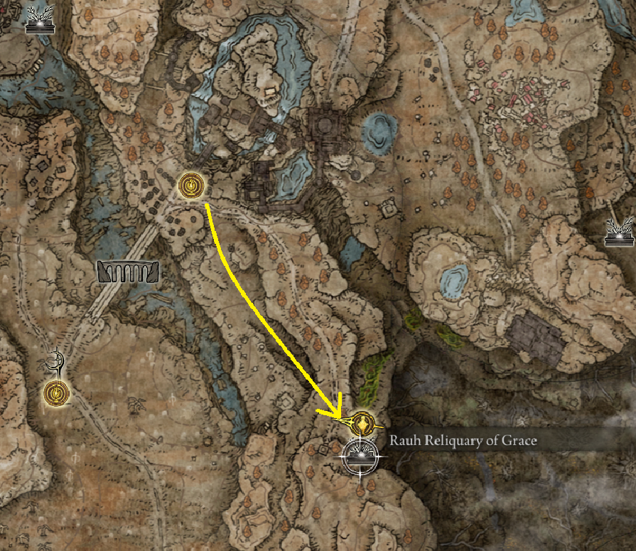 Map showing how to reach Rauh Reliquary of Grace